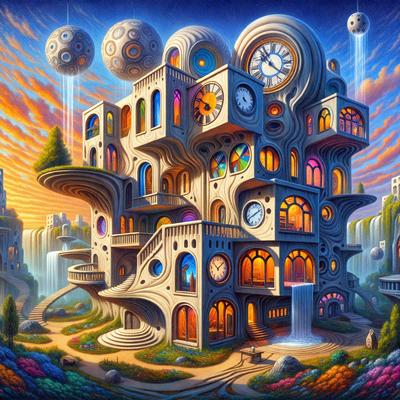 The primary subject of the image is a large, intricate building with a clock tower at the center. The building is made up of various clocks and orbs, giving it a unique and artistic appearance. The setting is a lush, colorful garden with a waterfall, adding to the overall atmosphere of the scene. The visual style of the image is a combination of digital art and illustration, creating a vibrant and imaginative scene. The colors and mood of the image are predominantly warm and inviting, with the vibrant garden and the clock tower serving as the focal points of the artwork.